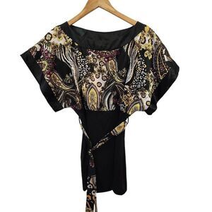 Body Central blouse paisley belted Y2K black yellow white Size medium USA tunic